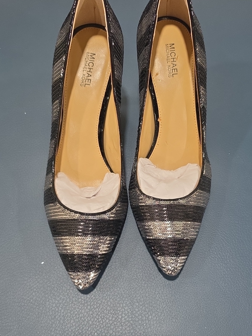 MICHAEL Michael Kors Black and Silver Striped Sequin Pointed-Toe Pumps